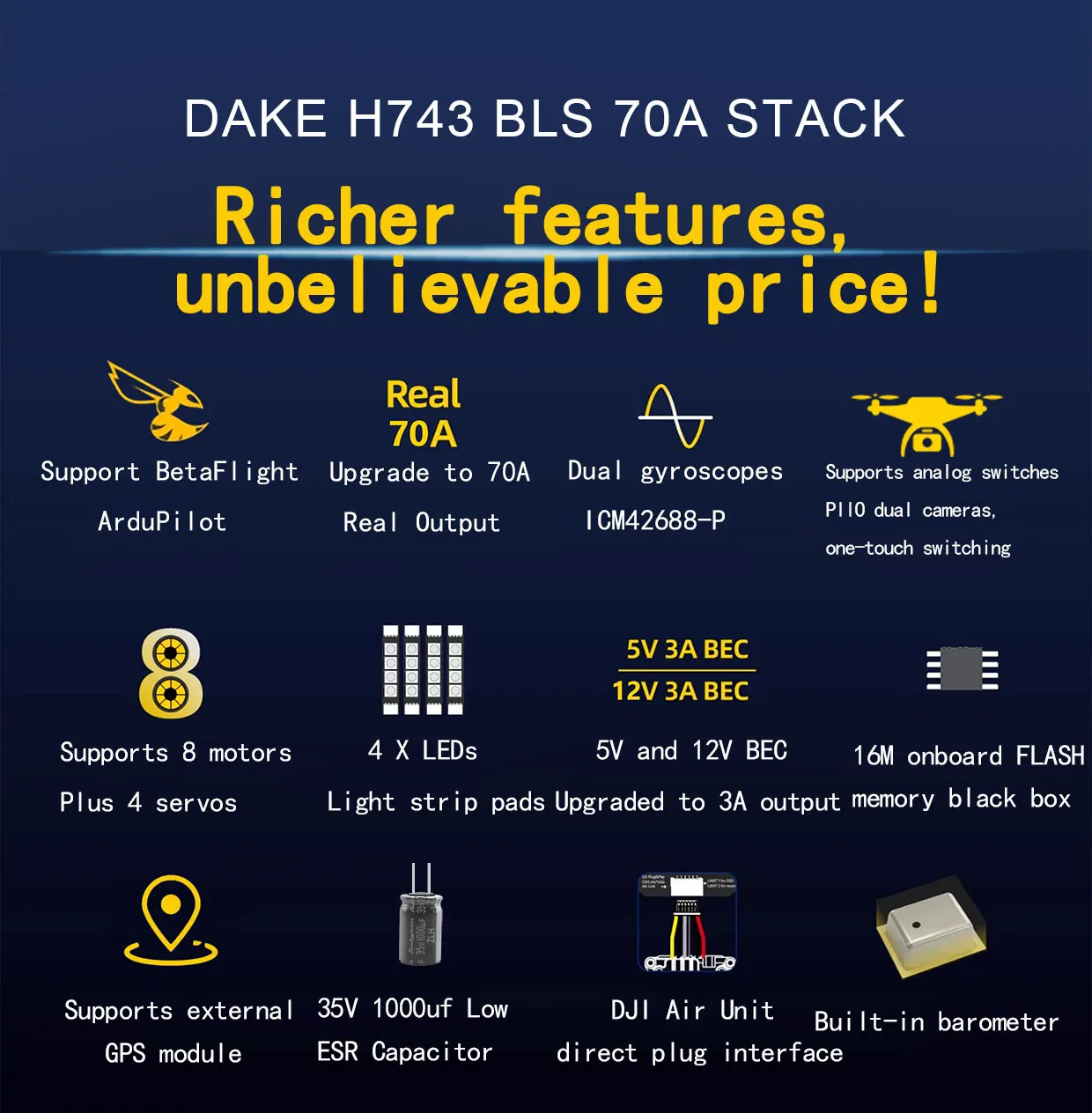 DAKEFPV H743 FC Stack/Flytower for Remote Control BLHeli Betaflight Gyroscope Gyro 42688P PID Parameter Tuning