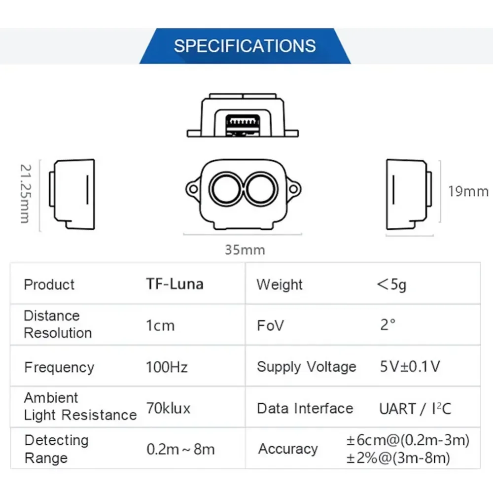TF Luna LiDAR Range Finder Sensor High Precision 0.2-8m Distance Measuring Module UART IIC 5V for Robotics Systems