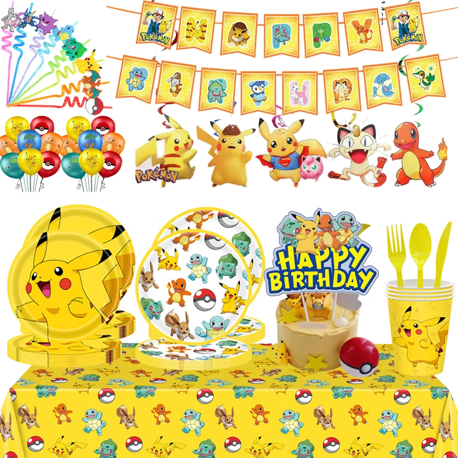Cartoon Pokemon Birthday Party Decorations Pikachu Theme Disposable Tableware Paper Cup Plate Banner Christmas Party Favor Gifts
