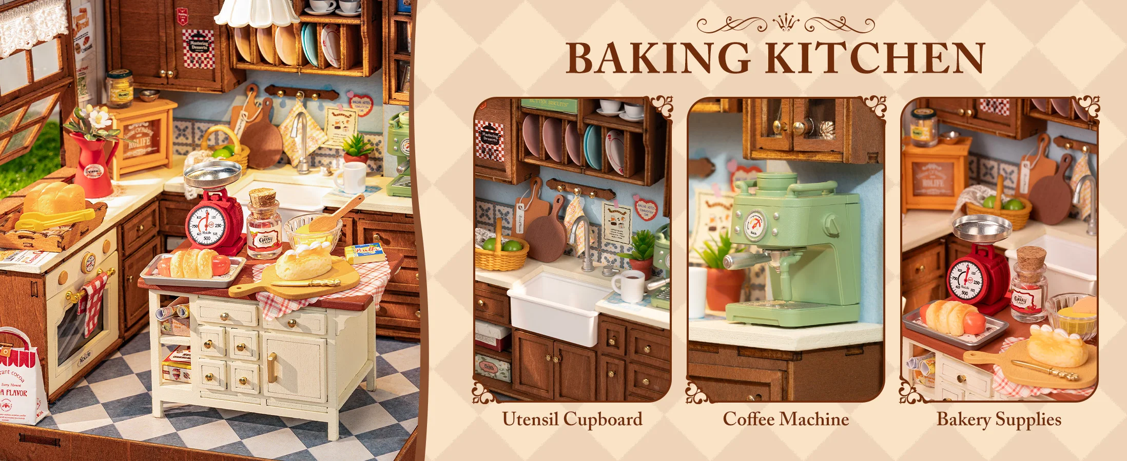 Robotime Baking Kitchen DIY Miniature Dollhouse Kit Crafts Hobbies Amazing Gift 3D Puzzle Mini House Building Kit Book Nook