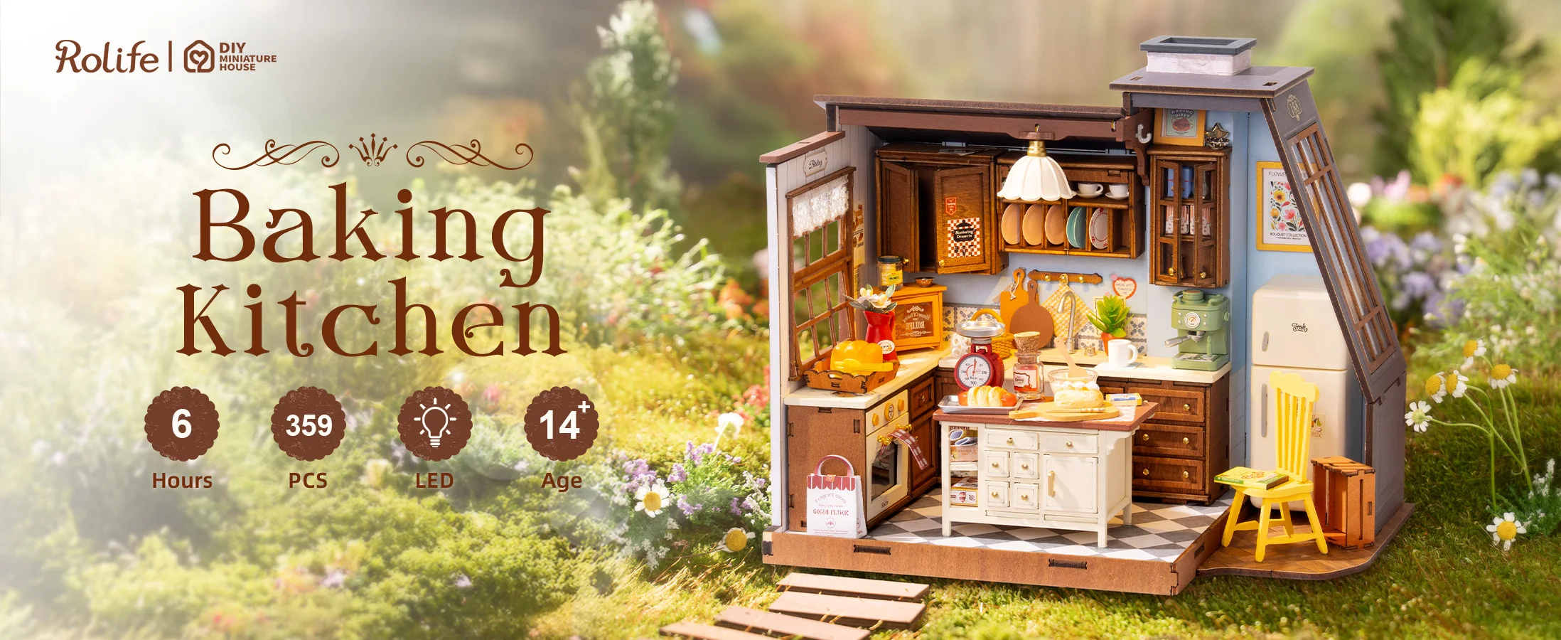 Robotime Baking Kitchen DIY Miniature Dollhouse Kit Crafts Hobbies Amazing Gift 3D Puzzle Mini House Building Kit Book Nook