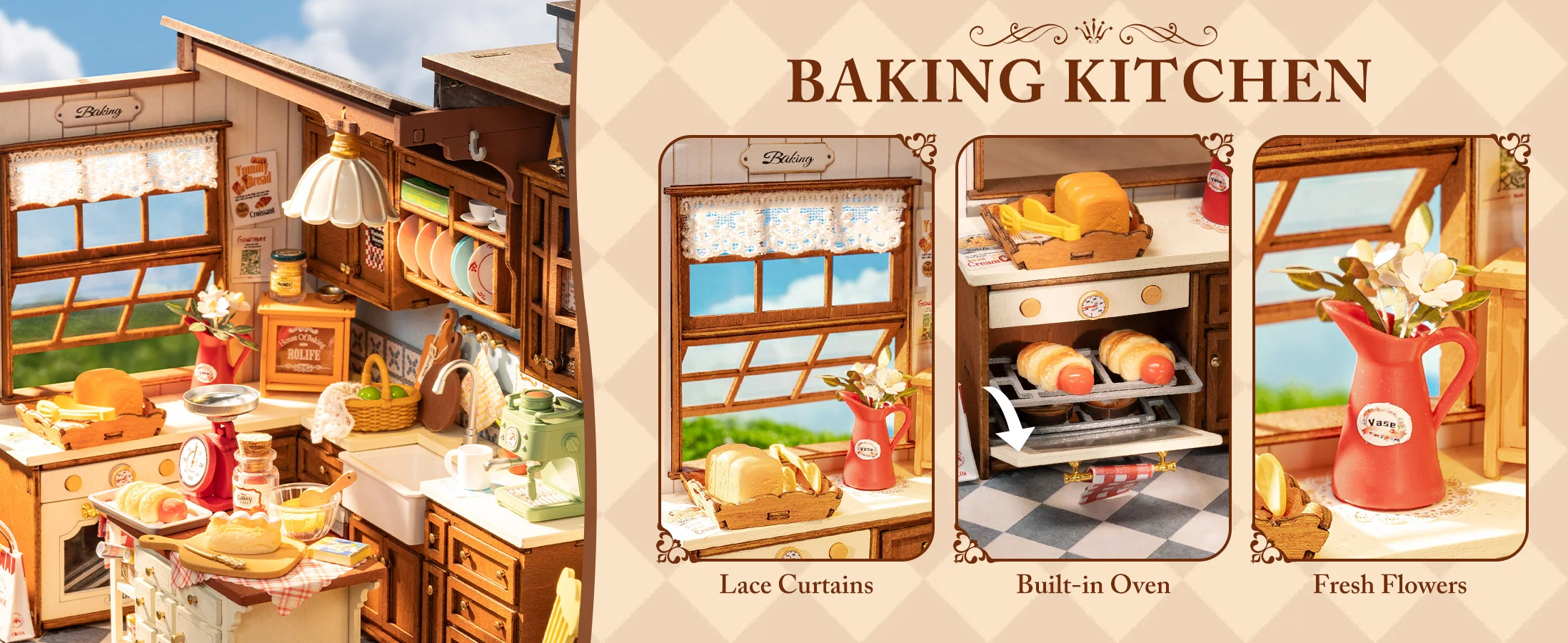 Robotime Baking Kitchen DIY Miniature Dollhouse Kit Crafts Hobbies Amazing Gift 3D Puzzle Mini House Building Kit Book Nook
