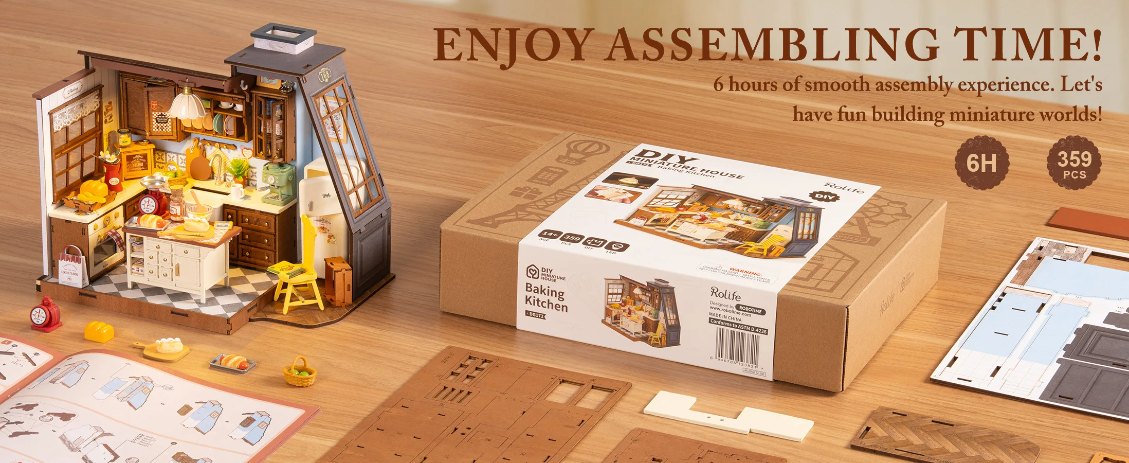 Robotime Baking Kitchen DIY Miniature Dollhouse Kit Crafts Hobbies Amazing Gift 3D Puzzle Mini House Building Kit Book Nook