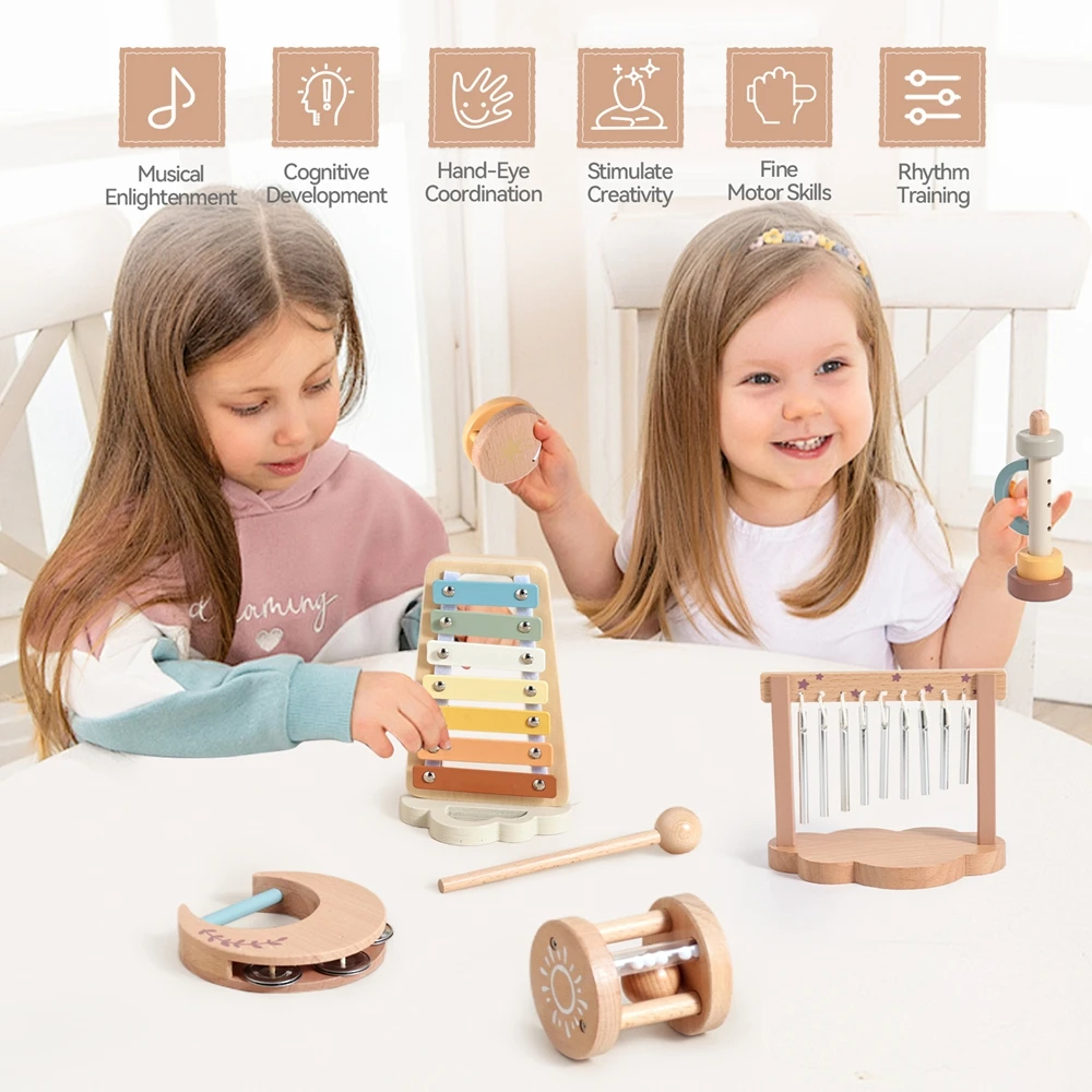 7pc Sets Music Toys for Children Music Instruments Girl Toys Wooden Cartoon Educational Instruments Children's Toys Instruments
