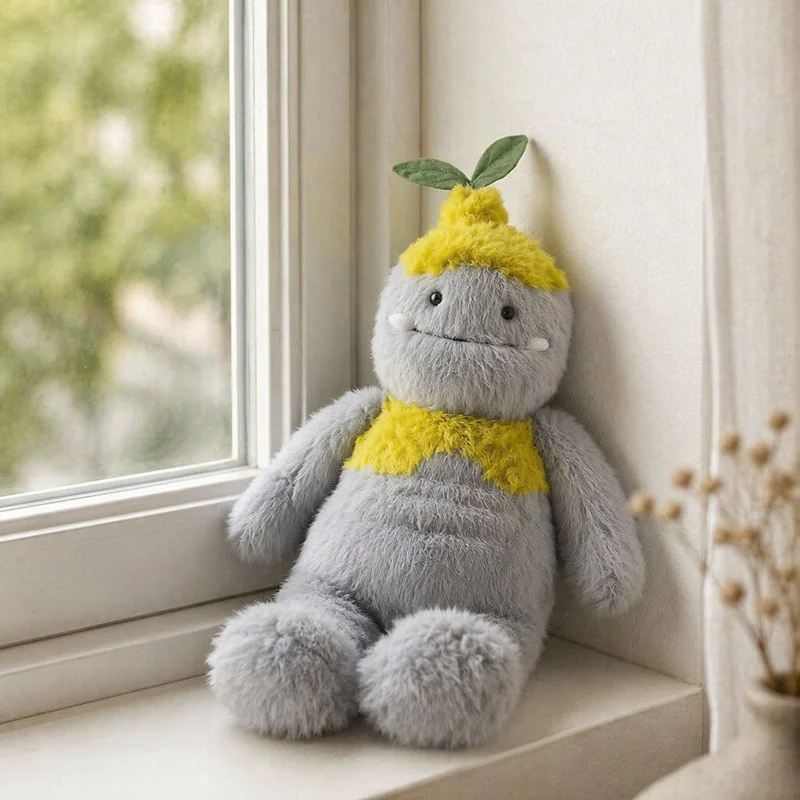 65cm Creative Forest Spirit Plush Toy Soft Gray Stuffed Monster Doll with Leaf Top Adorable Plushie Kids Gift Home Room Decor