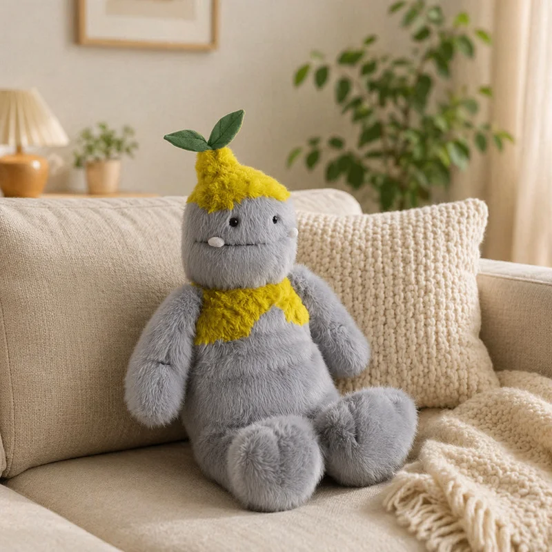 65cm Creative Forest Spirit Plush Toy Soft Gray Stuffed Monster Doll with Leaf Top Adorable Plushie Kids Gift Home Room Decor