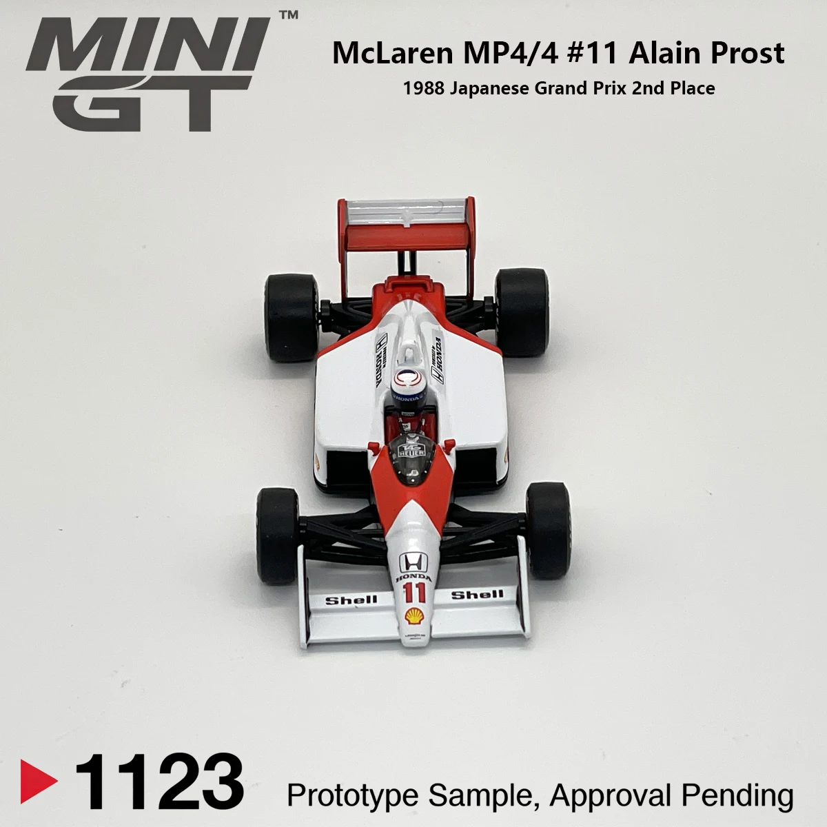 McLaren MP4/4 Alain Prost #11 MiniGT 1123 1:64 1988 Japan GP Classic F1 MGT01123 With Extra Display Free Base Diecast Car Model