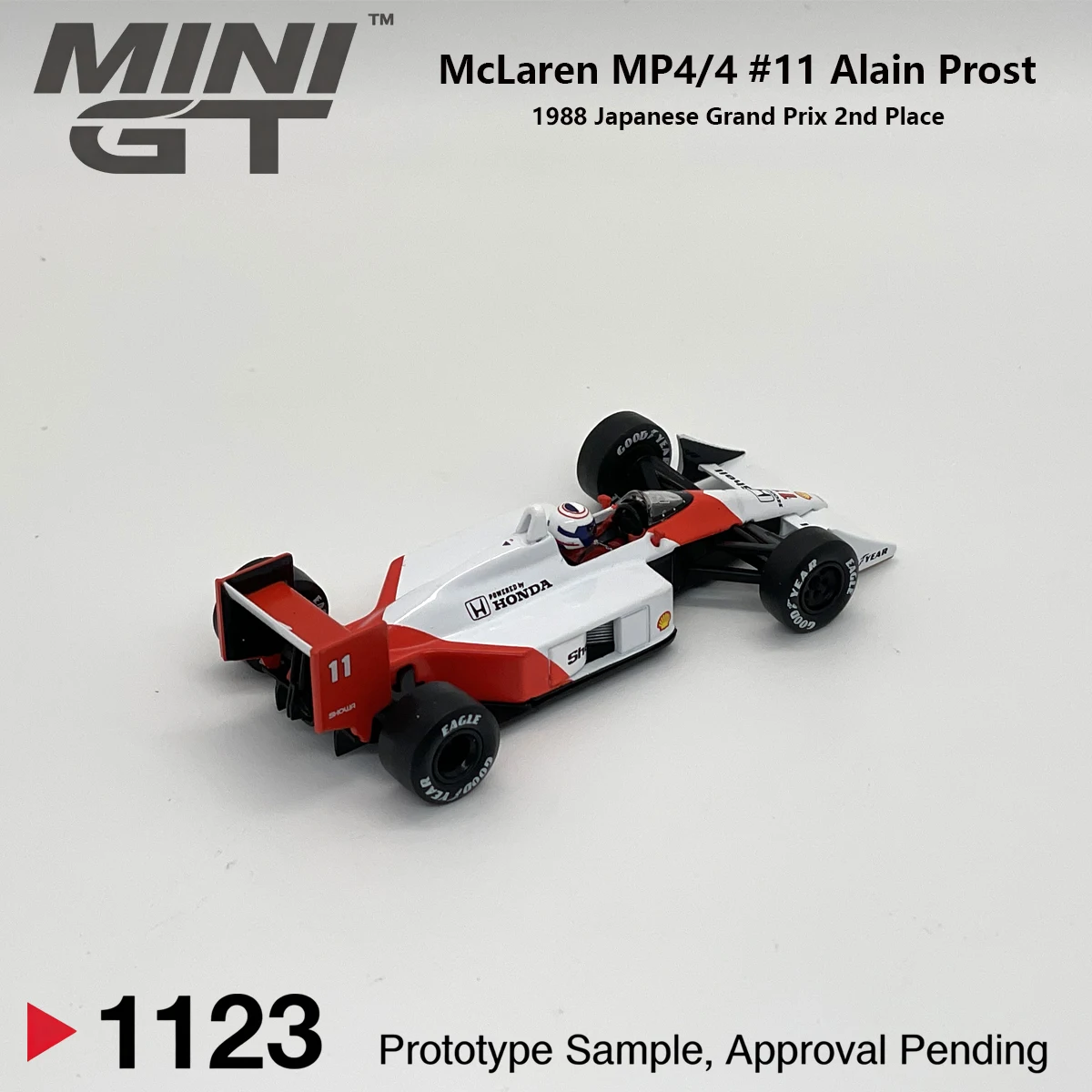 McLaren MP4/4 Alain Prost #11 MiniGT 1123 1:64 1988 Japan GP Classic F1 MGT01123 With Extra Display Free Base Diecast Car Model