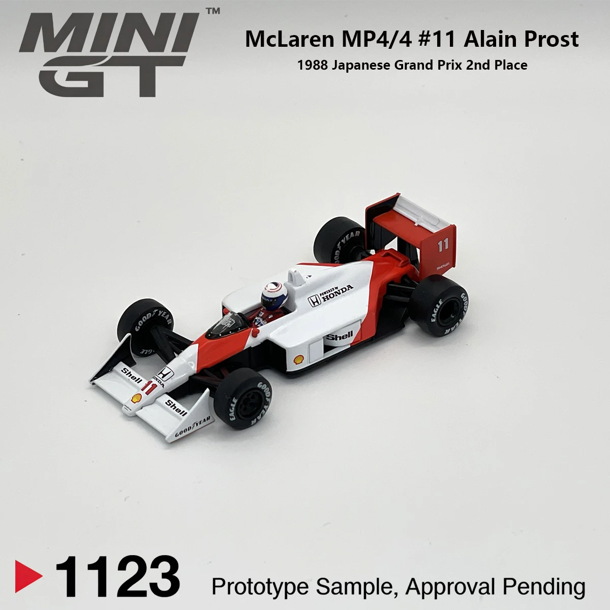McLaren MP4/4 Alain Prost #11 MiniGT 1123 1:64 1988 Japan GP Classic F1 MGT01123 With Extra Display Free Base Diecast Car Model