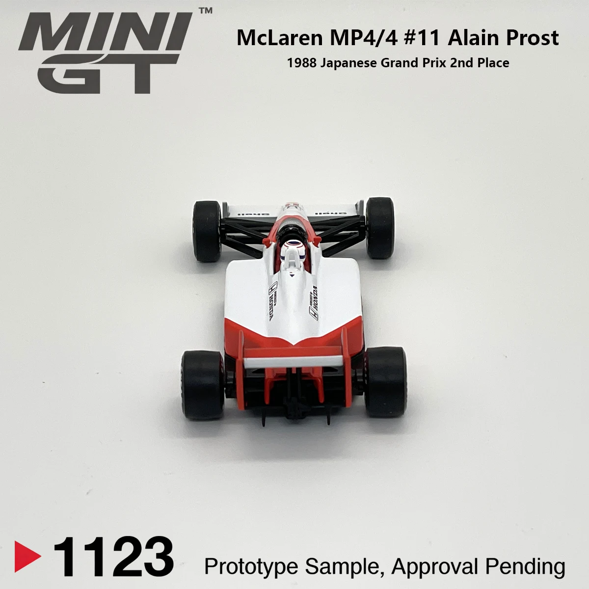 McLaren MP4/4 Alain Prost #11 MiniGT 1123 1:64 1988 Japan GP Classic F1 MGT01123 With Extra Display Free Base Diecast Car Model