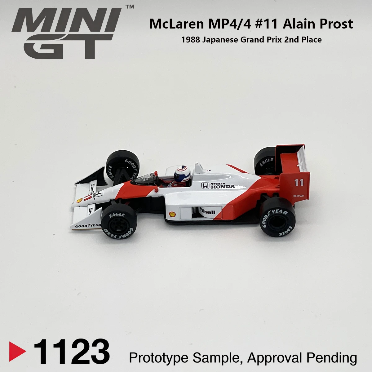 McLaren MP4/4 Alain Prost #11 MiniGT 1123 1:64 1988 Japan GP Classic F1 MGT01123 With Extra Display Free Base Diecast Car Model