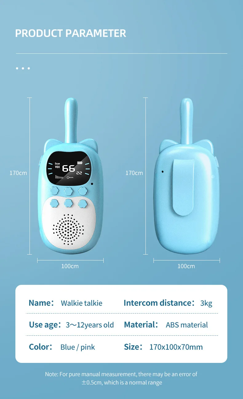 2pcs Kids Walkie Talkie Rechargeable 1000mAh Handheld 0.5W 3km Radio Transceiver Interphone for Children Toys Birthday Gifts