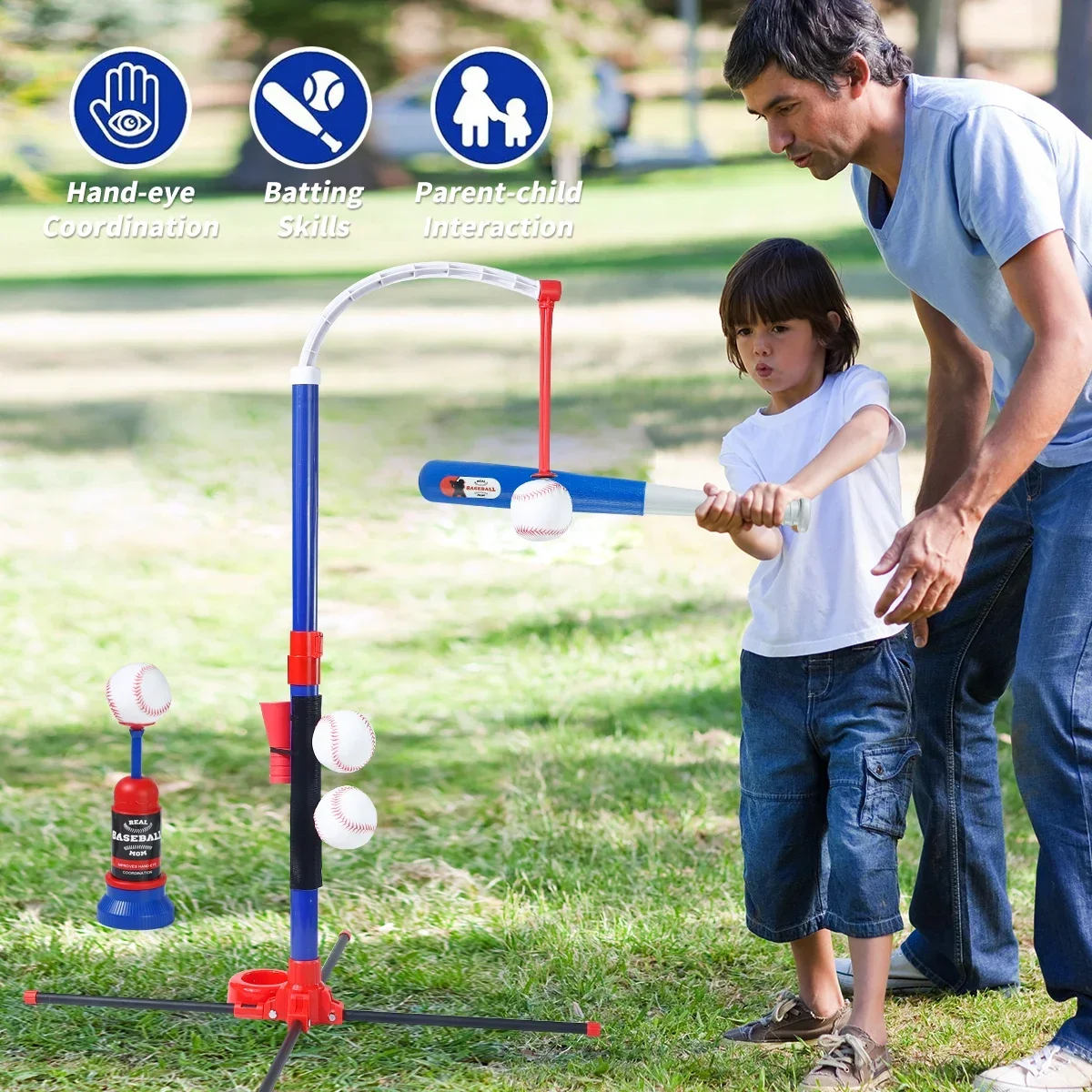 3-in-1 Kids Baseball Toy Set with Hanging Ball Stand/Standing T-Ball/Auto Launcher, Adjustable Height Toddler Baseball Set