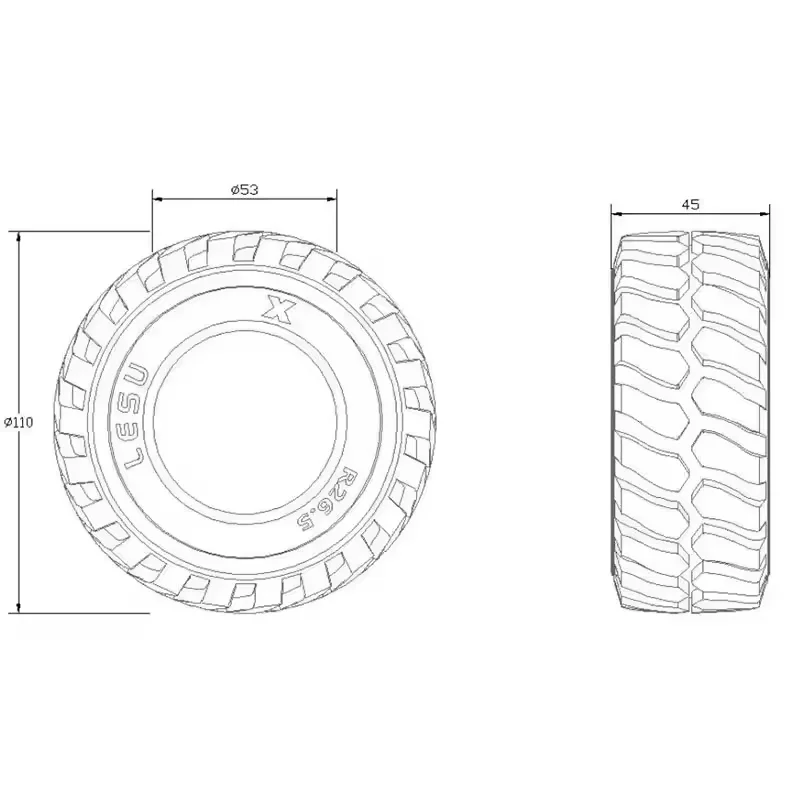 RC 1 Pair LESU Diameter 45MM Height Wheel Rubber Tyres 110Mm for Remote Control 1/15 Hydraulic Loader RC Car Accessories