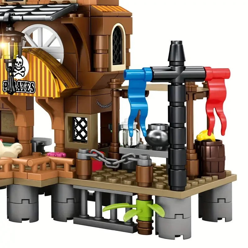 Creative Medieval Pirate Island Fortress Castle Building Blocks Adventure Ship Log Cabin Model Boat Assemble Bricks Toys Gifts