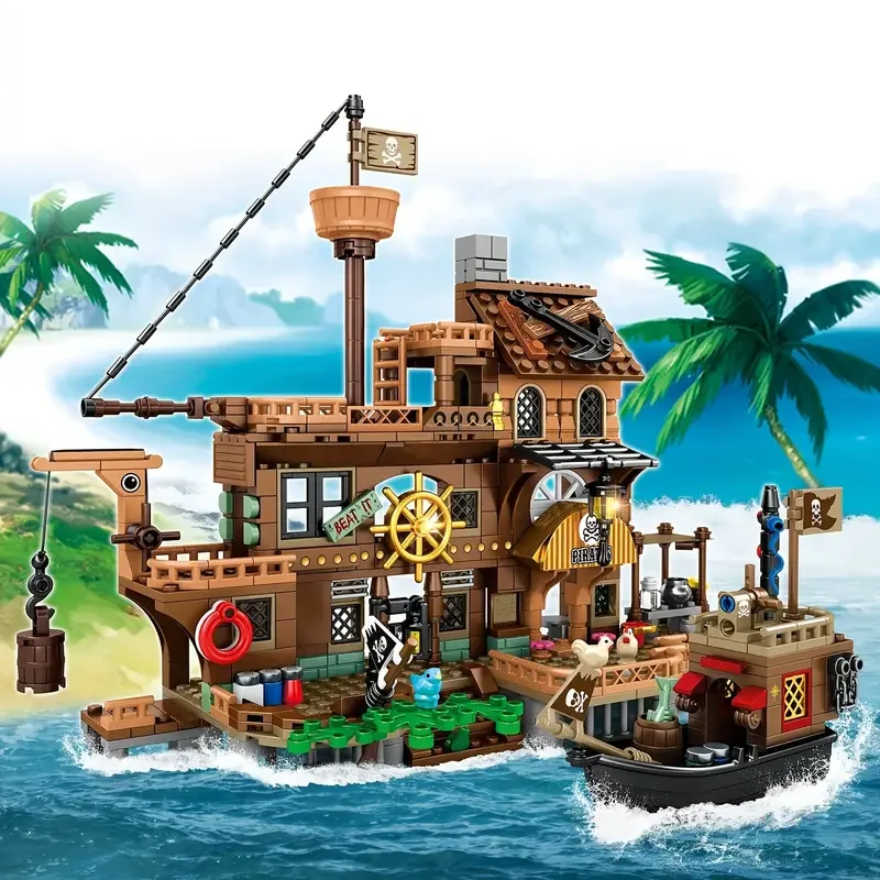 Creative Medieval Pirate Island Fortress Castle Building Blocks Adventure Ship Log Cabin Model Boat Assemble Bricks Toys Gifts