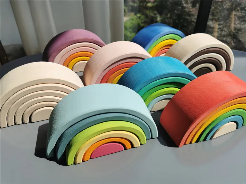 Kids Wooden Toys Rainbow Nesting Bowls BasSwood 6 Layer Arch Stacker Blocks Trees