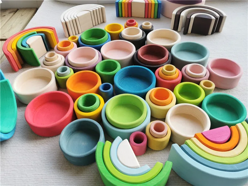 Kids Wooden Toys Rainbow Nesting Bowls BasSwood 6 Layer Arch Stacker Blocks Trees