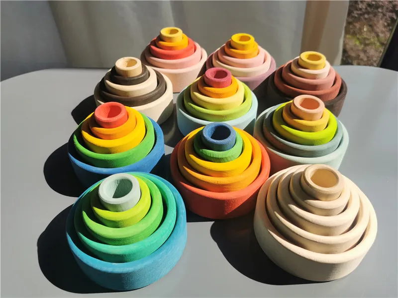 Kids Wooden Toys Rainbow Nesting Bowls BasSwood 6 Layer Arch Stacker Blocks Trees