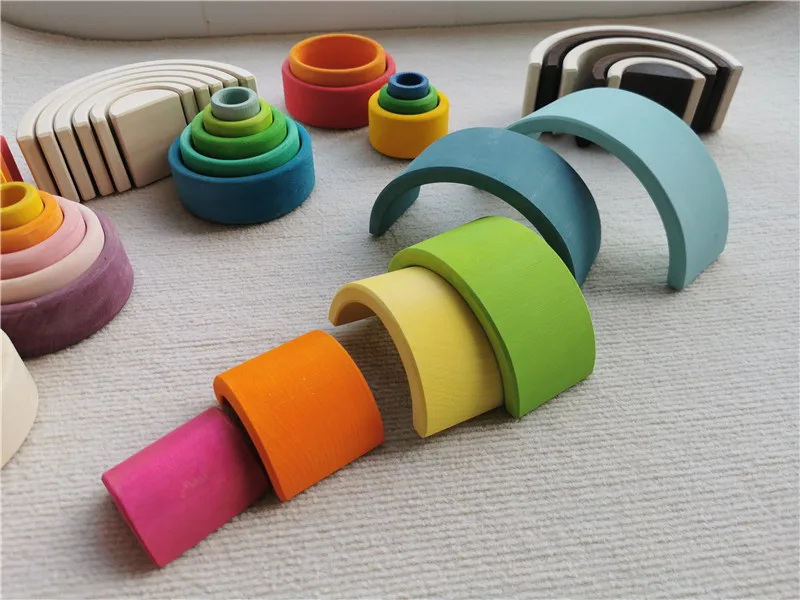 Kids Wooden Toys Rainbow Nesting Bowls BasSwood 6 Layer Arch Stacker Blocks Trees