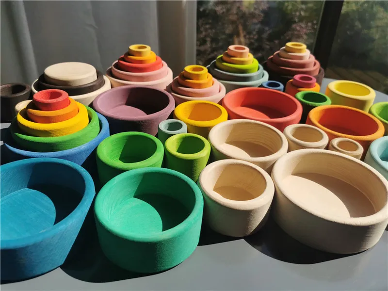 Kids Wooden Toys Rainbow Nesting Bowls BasSwood 6 Layer Arch Stacker Blocks Trees