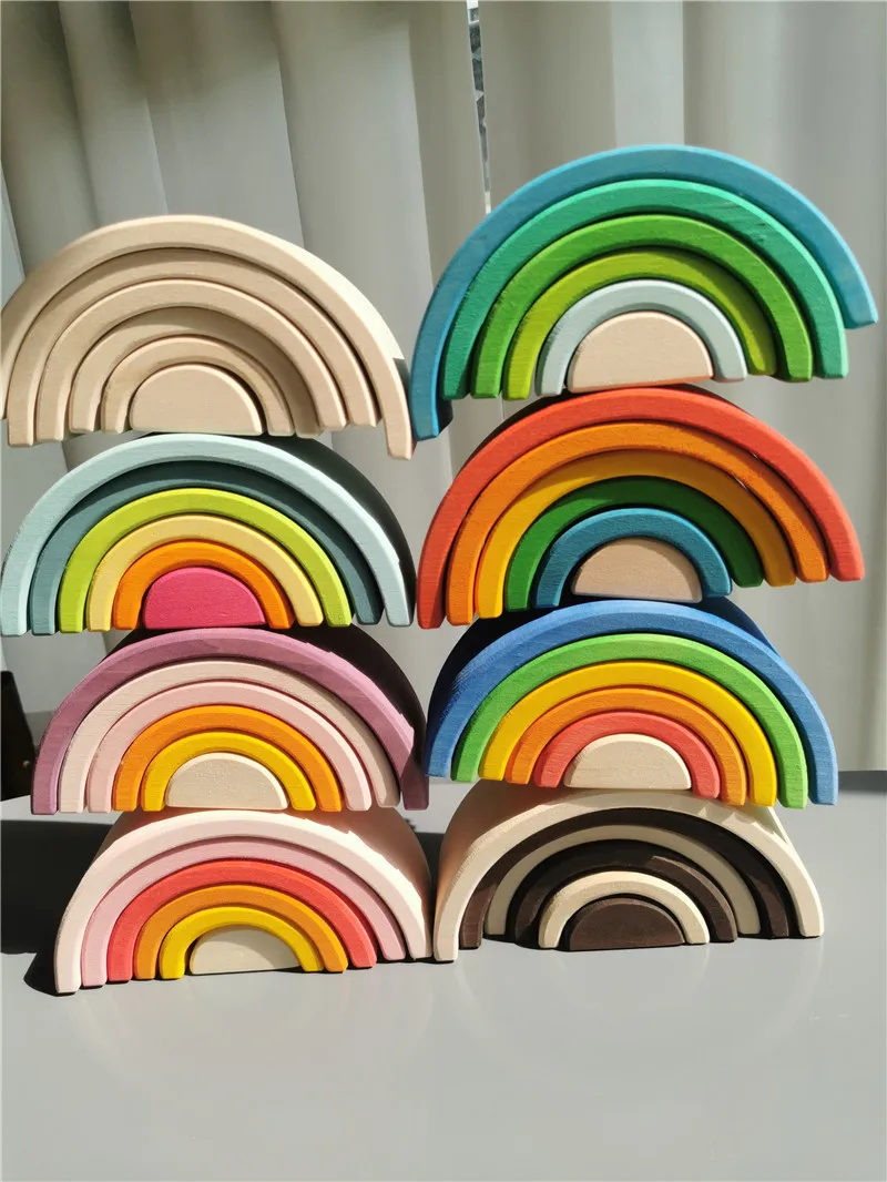 Kids Wooden Toys Rainbow Nesting Bowls BasSwood 6 Layer Arch Stacker Blocks Trees