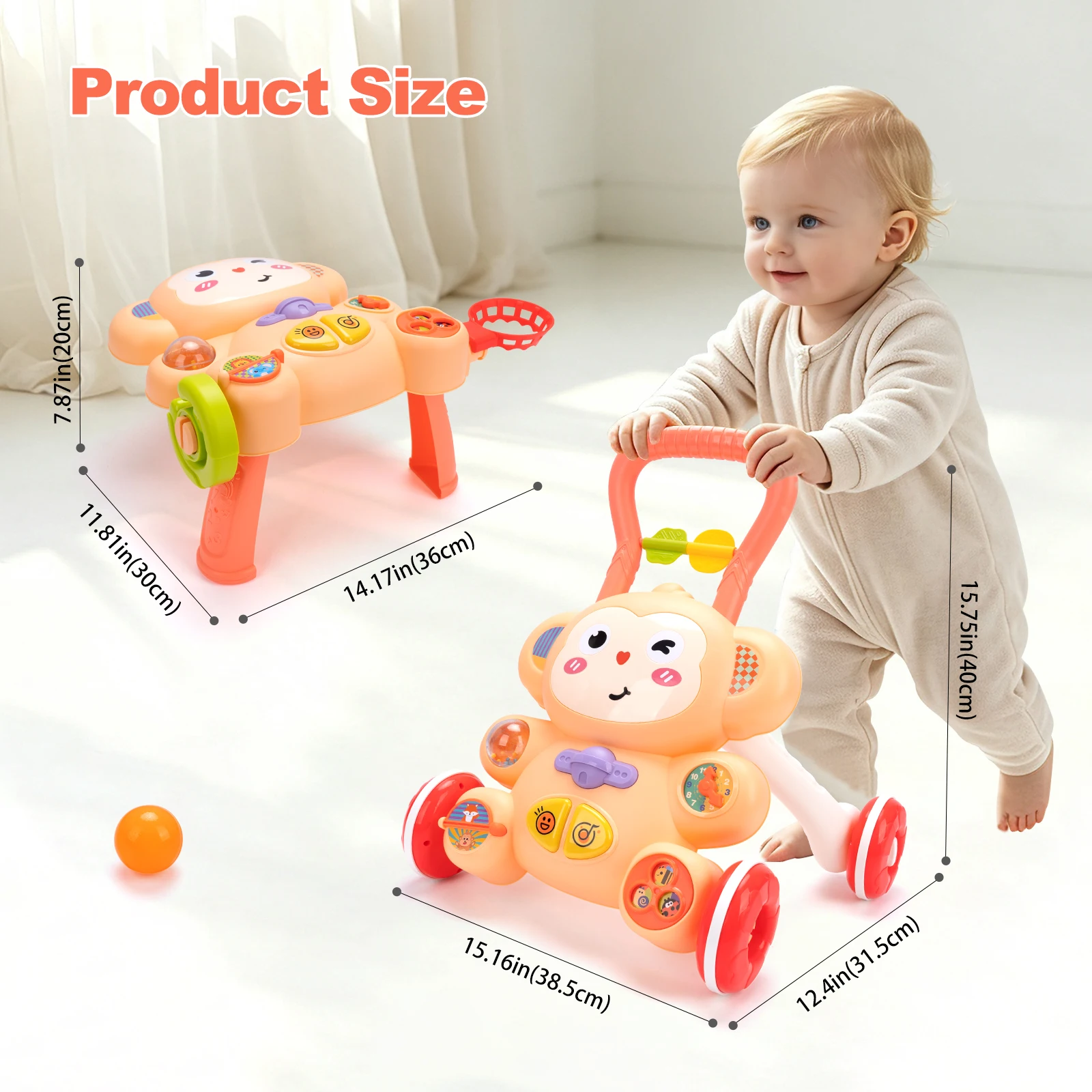 Cartoon Baby Push Walker Toy with Music Drawing Board Multifunction Activity Toddler Walker Learning Walk for 6M+ Infant