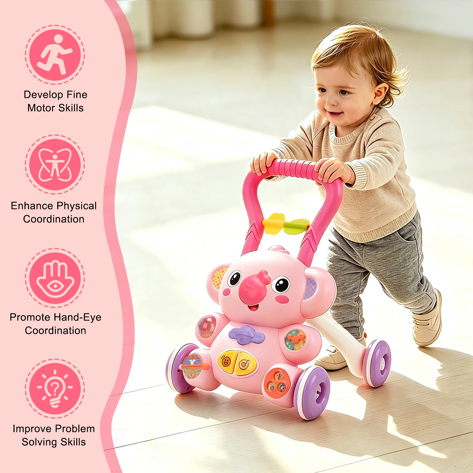 Cartoon Baby Push Walker Toy with Music Drawing Board Multifunction Activity Toddler Walker Learning Walk for 6M+ Infant