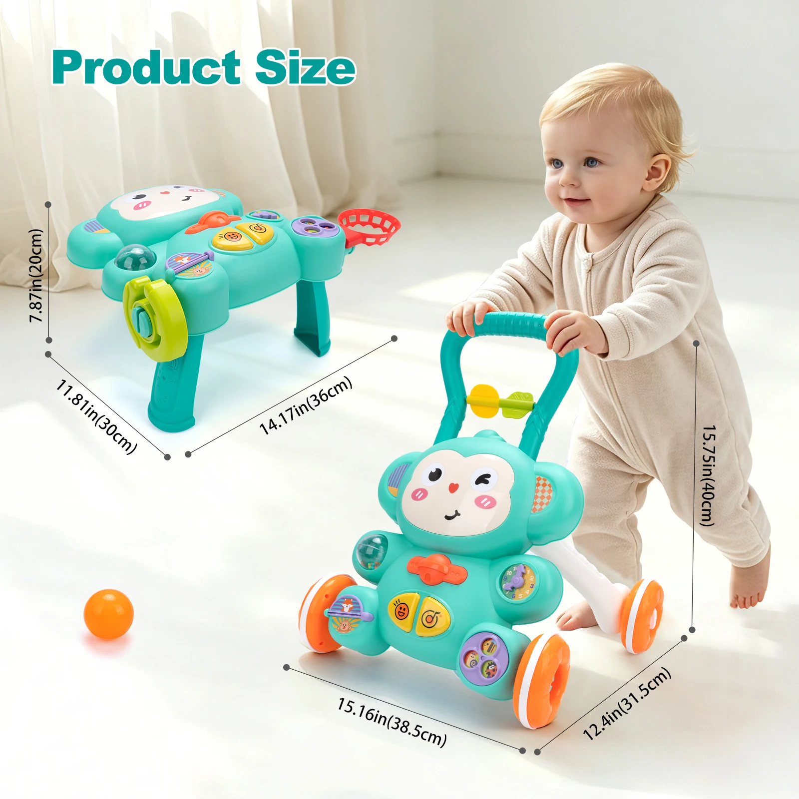 Cartoon Baby Push Walker Toy with Music Drawing Board Multifunction Activity Toddler Walker Learning Walk for 6M+ Infant