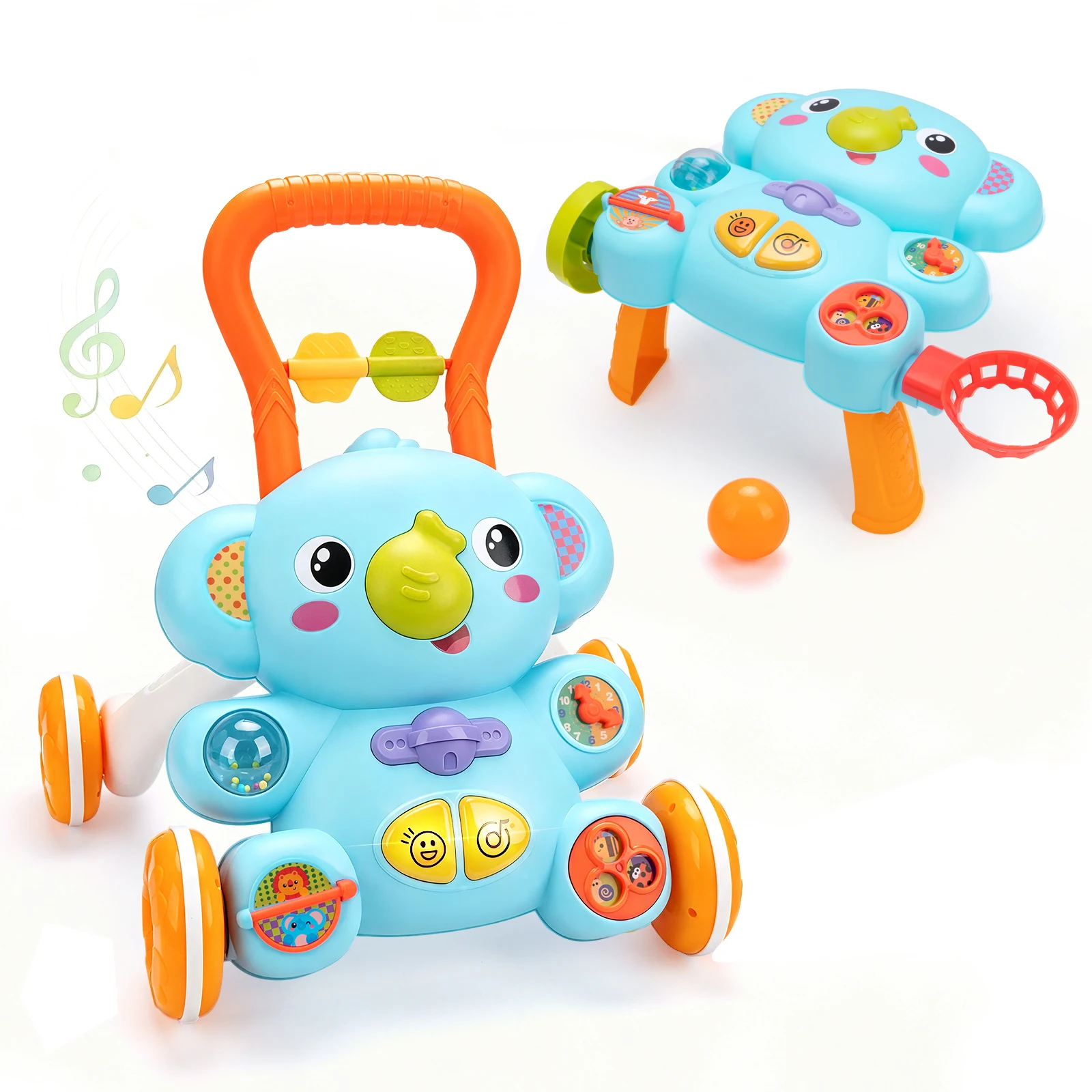Cartoon Baby Push Walker Toy with Music Drawing Board Multifunction Activity Toddler Walker Learning Walk for 6M+ Infant