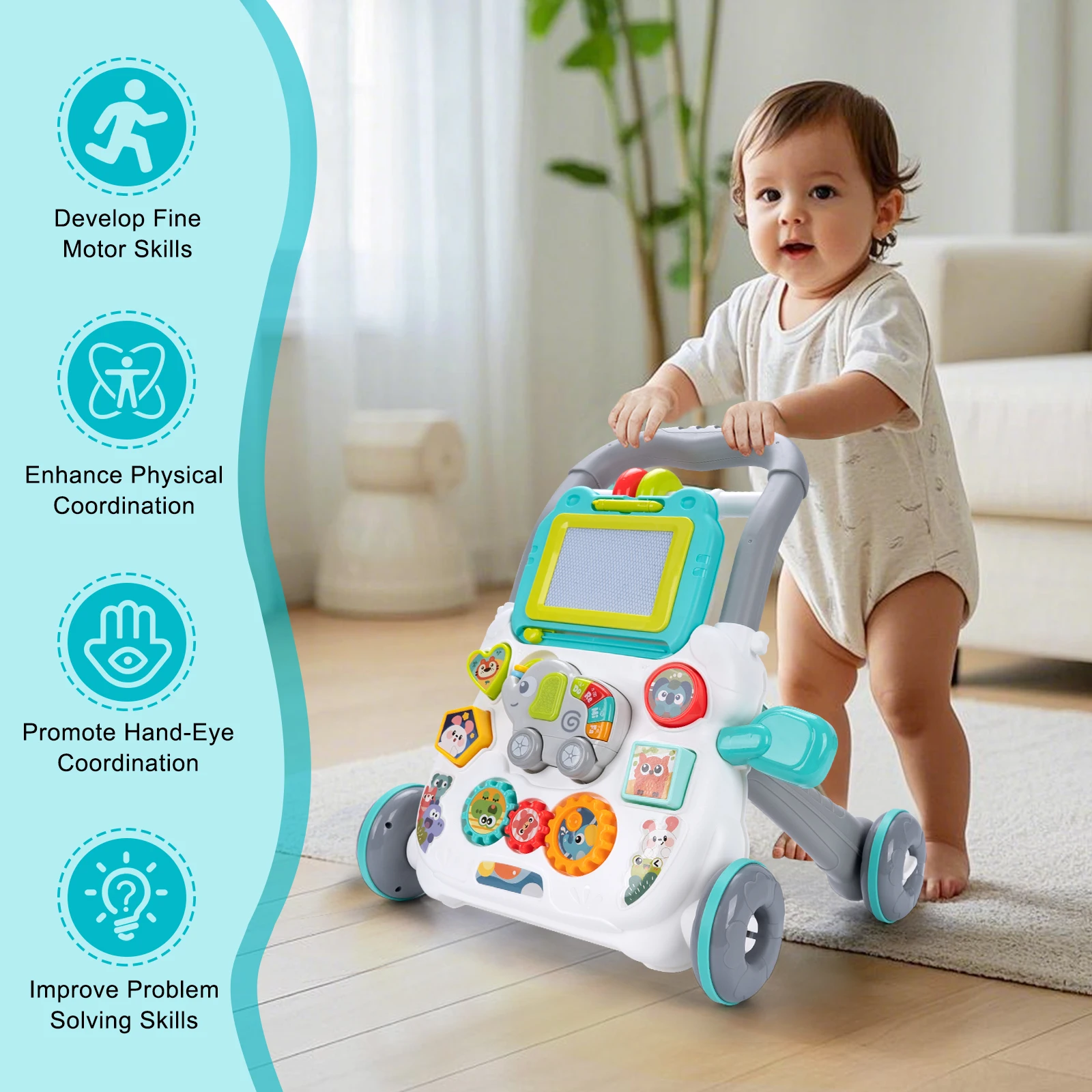 Cartoon Baby Push Walker Toy with Music Drawing Board Multifunction Activity Toddler Walker Learning Walk for 6M+ Infant