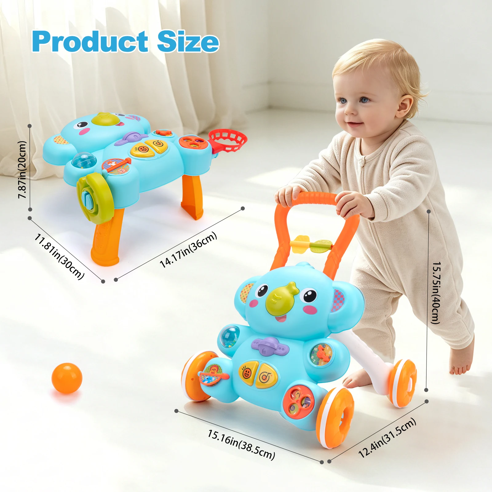 Cartoon Baby Push Walker Toy with Music Drawing Board Multifunction Activity Toddler Walker Learning Walk for 6M+ Infant