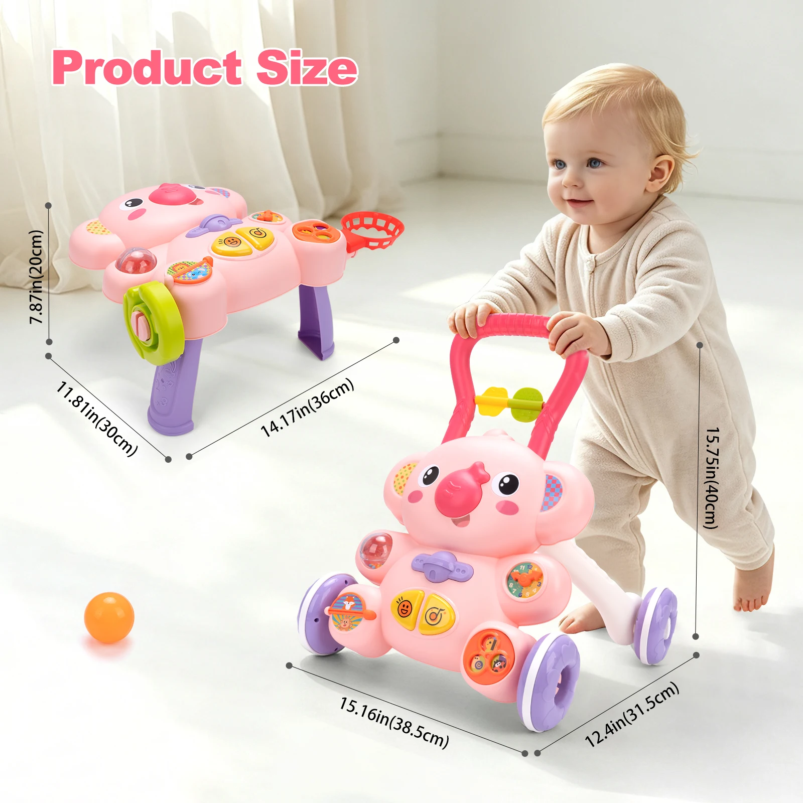 Cartoon Baby Push Walker Toy with Music Drawing Board Multifunction Activity Toddler Walker Learning Walk for 6M+ Infant