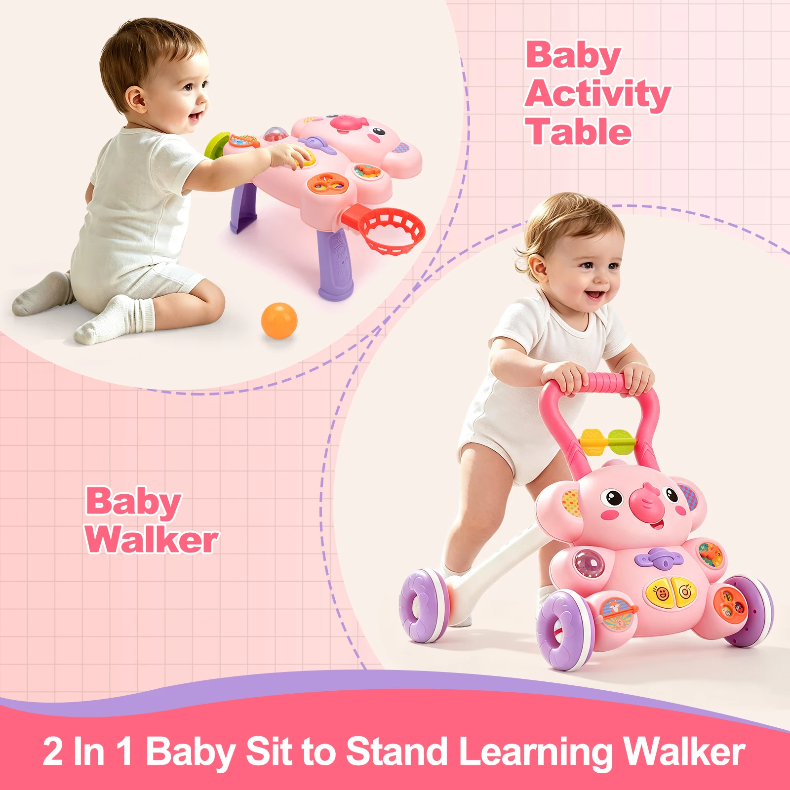 Cartoon Baby Push Walker Toy with Music Drawing Board Multifunction Activity Toddler Walker Learning Walk for 6M+ Infant
