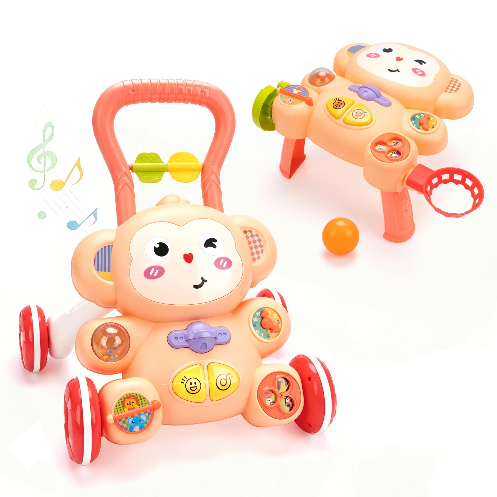 Cartoon Baby Push Walker Toy with Music Drawing Board Multifunction Activity Toddler Walker Learning Walk for 6M+ Infant