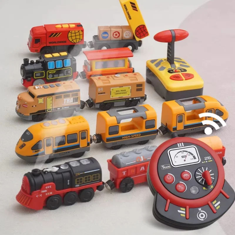 wooden Remote Control Magnetic Electric RC Train Compatible Toy Car Wooden Track Children's Train Car Track Toys for Kids