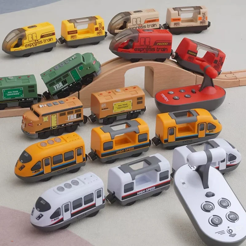 wooden Remote Control Magnetic Electric RC Train Compatible Toy Car Wooden Track Children's Train Car Track Toys for Kids