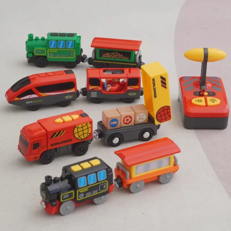 wooden Remote Control Magnetic Electric RC Train Compatible Toy Car Wooden Track Children's Train Car Track Toys for Kids