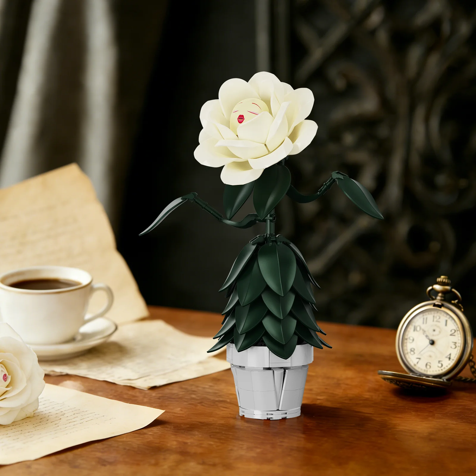 Wonderland White Flower Rose Building Block Set Mad Hatter Tea Party Plant Model Toys Valentine's Day Gifts for Women