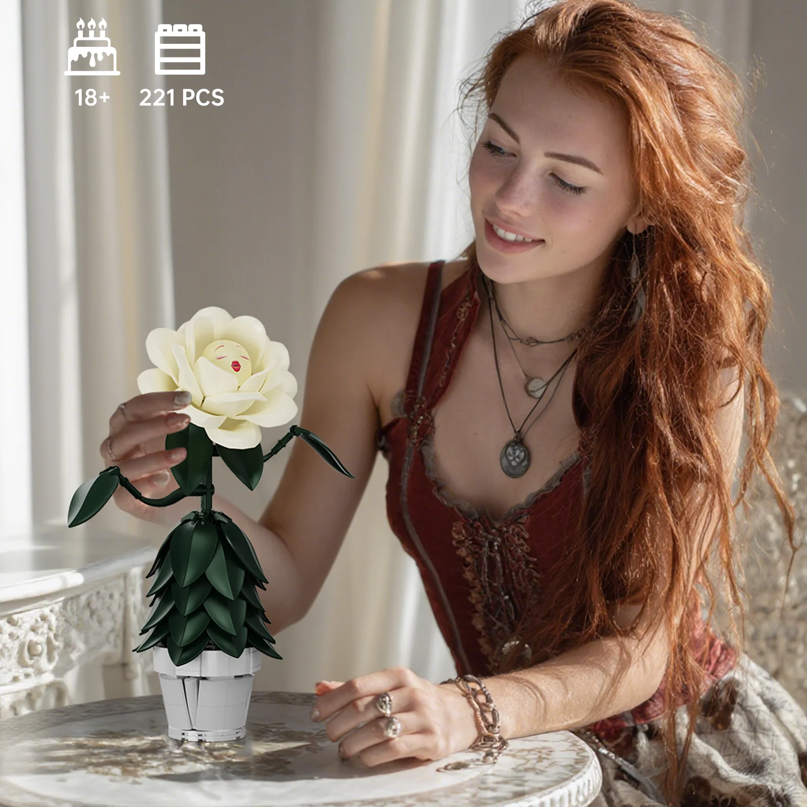 Wonderland White Flower Rose Building Block Set Mad Hatter Tea Party Plant Model Toys Valentine's Day Gifts for Women