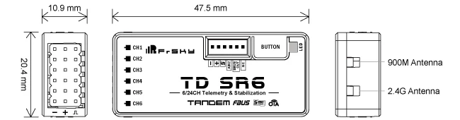FrSky TD SR6 2.4G/900M Dual-Band Receiver with 6 PWM Channels, Built-in Stabilization & Black Box Function for Telemetry Devices