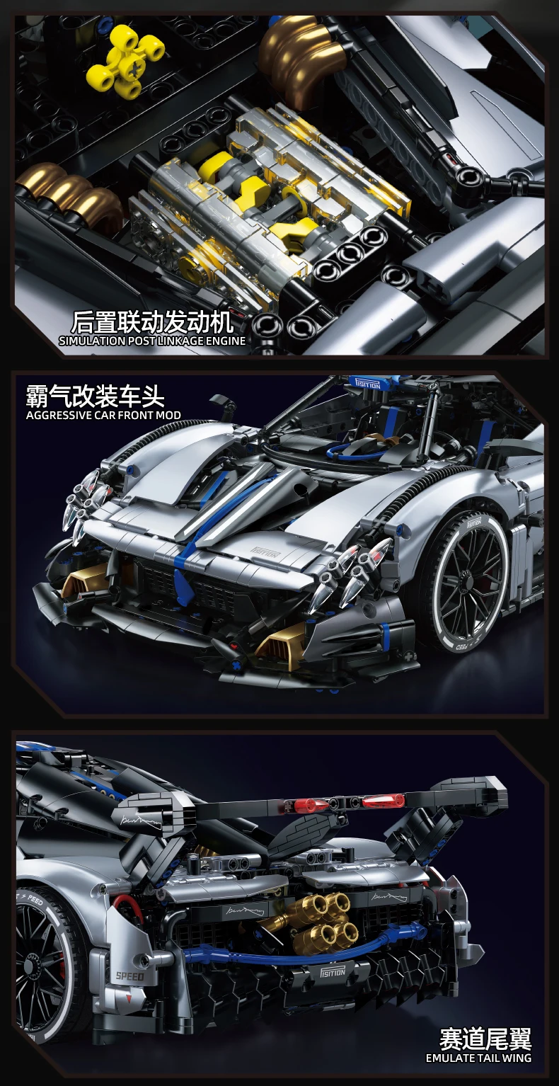 TOYLINX 3526pcs Silver-Blue Technic Racing Sports Car Building Blocks Set 1:8 Scale Super Sports Car Model Ideal Bricks Boy Gift