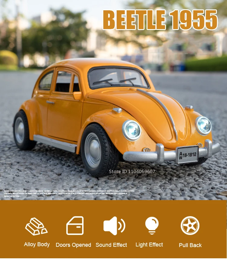 1:18 Scale Beetle 1955 Model Toy Cars Alloy Diecasting Doors Opened Sound Light Pull Back Miniature Vehicles for Children Gifts