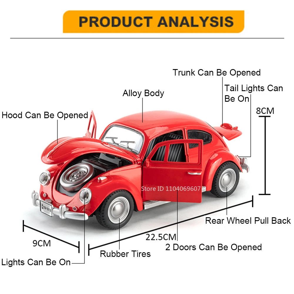 1:18 Scale Beetle 1955 Model Toy Cars Alloy Diecasting Doors Opened Sound Light Pull Back Miniature Vehicles for Children Gifts