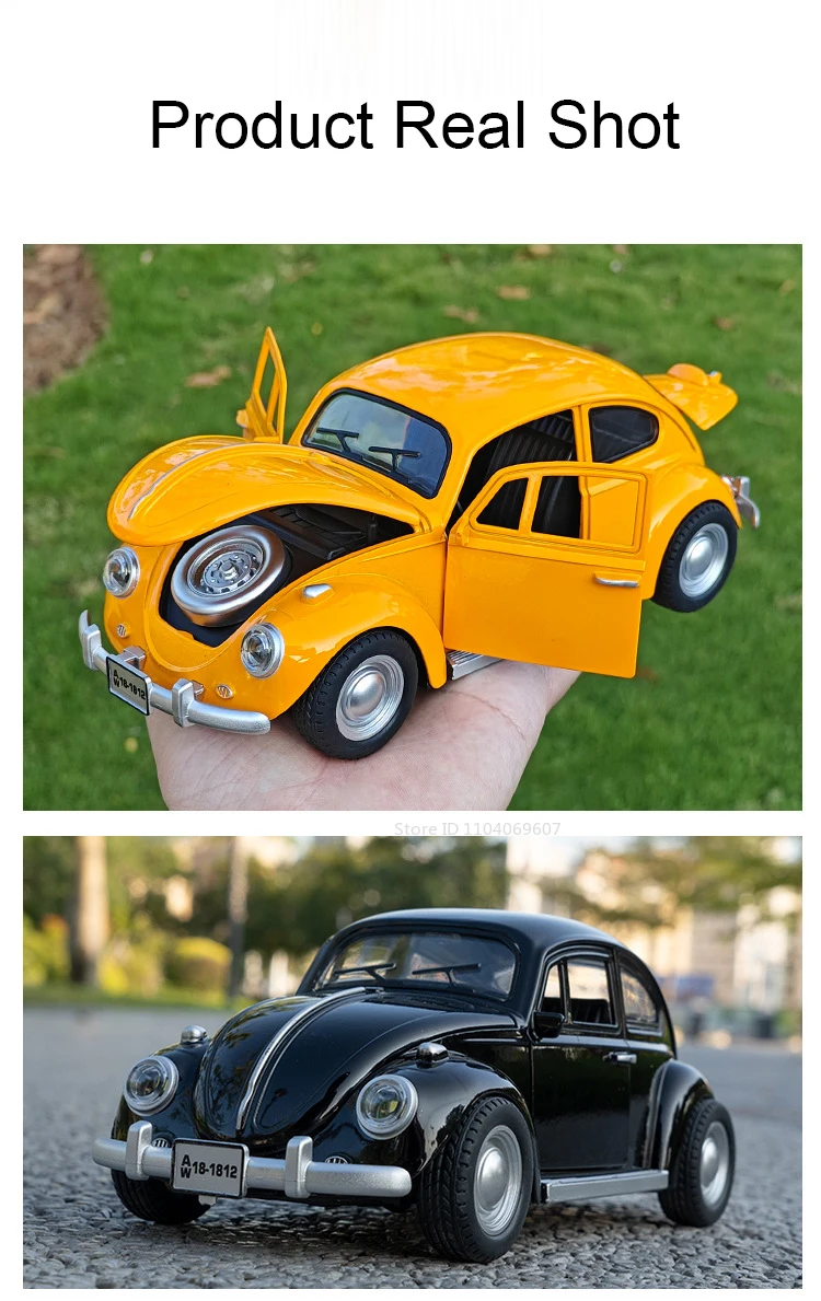 1:18 Scale Beetle 1955 Model Toy Cars Alloy Diecasting Doors Opened Sound Light Pull Back Miniature Vehicles for Children Gifts