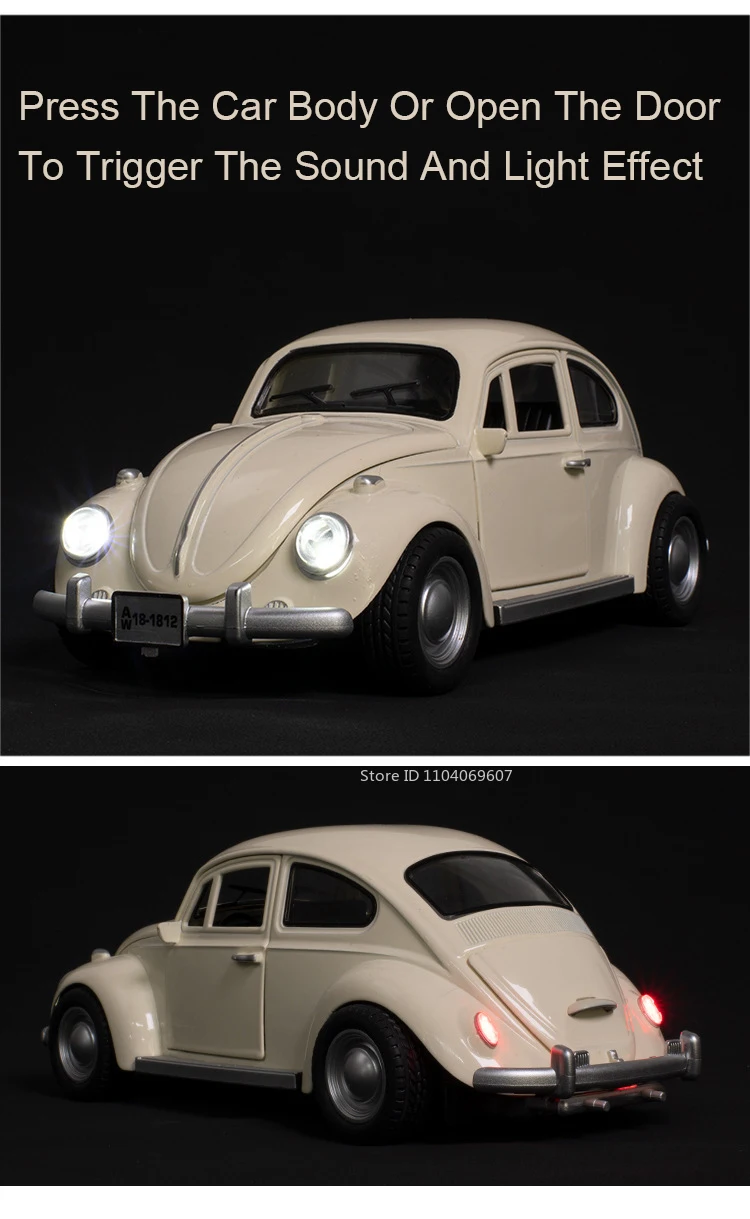 1:18 Scale Beetle 1955 Model Toy Cars Alloy Diecasting Doors Opened Sound Light Pull Back Miniature Vehicles for Children Gifts