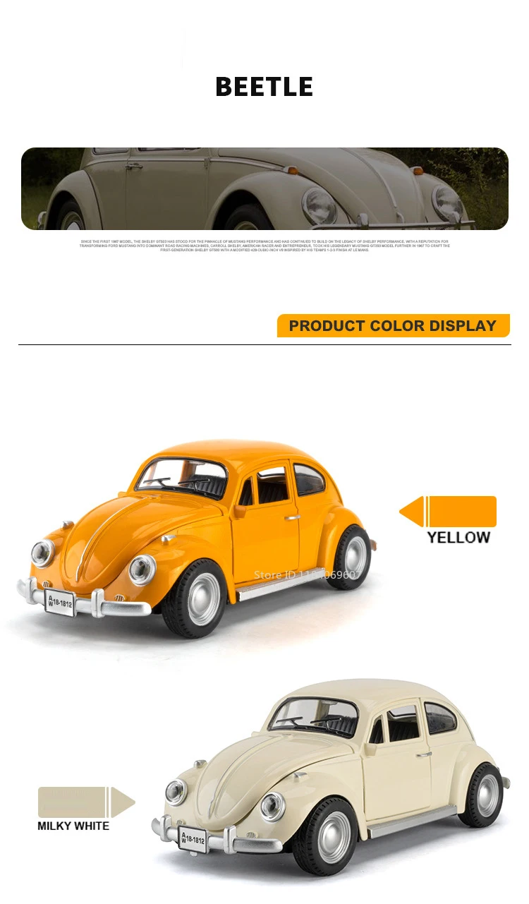1:18 Scale Beetle 1955 Model Toy Cars Alloy Diecasting Doors Opened Sound Light Pull Back Miniature Vehicles for Children Gifts