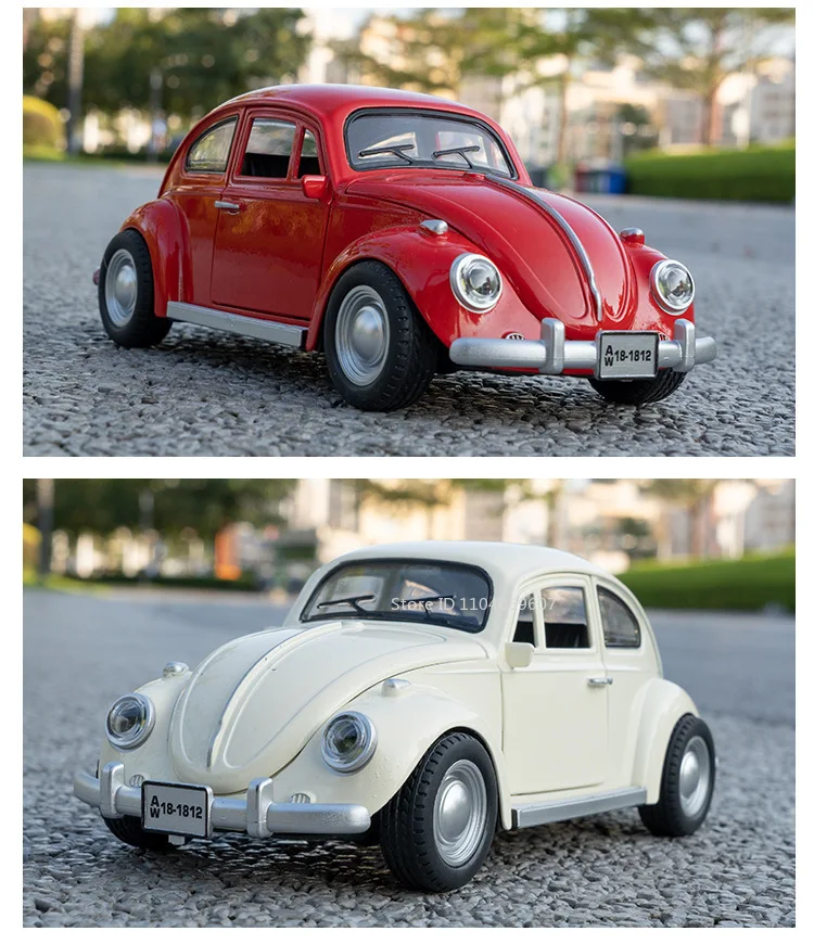 1:18 Scale Beetle 1955 Model Toy Cars Alloy Diecasting Doors Opened Sound Light Pull Back Miniature Vehicles for Children Gifts