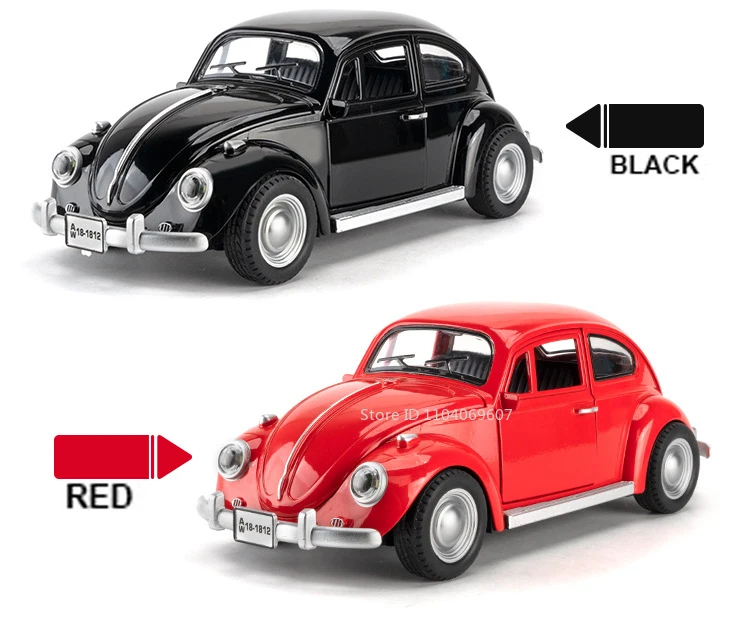 1:18 Scale Beetle 1955 Model Toy Cars Alloy Diecasting Doors Opened Sound Light Pull Back Miniature Vehicles for Children Gifts