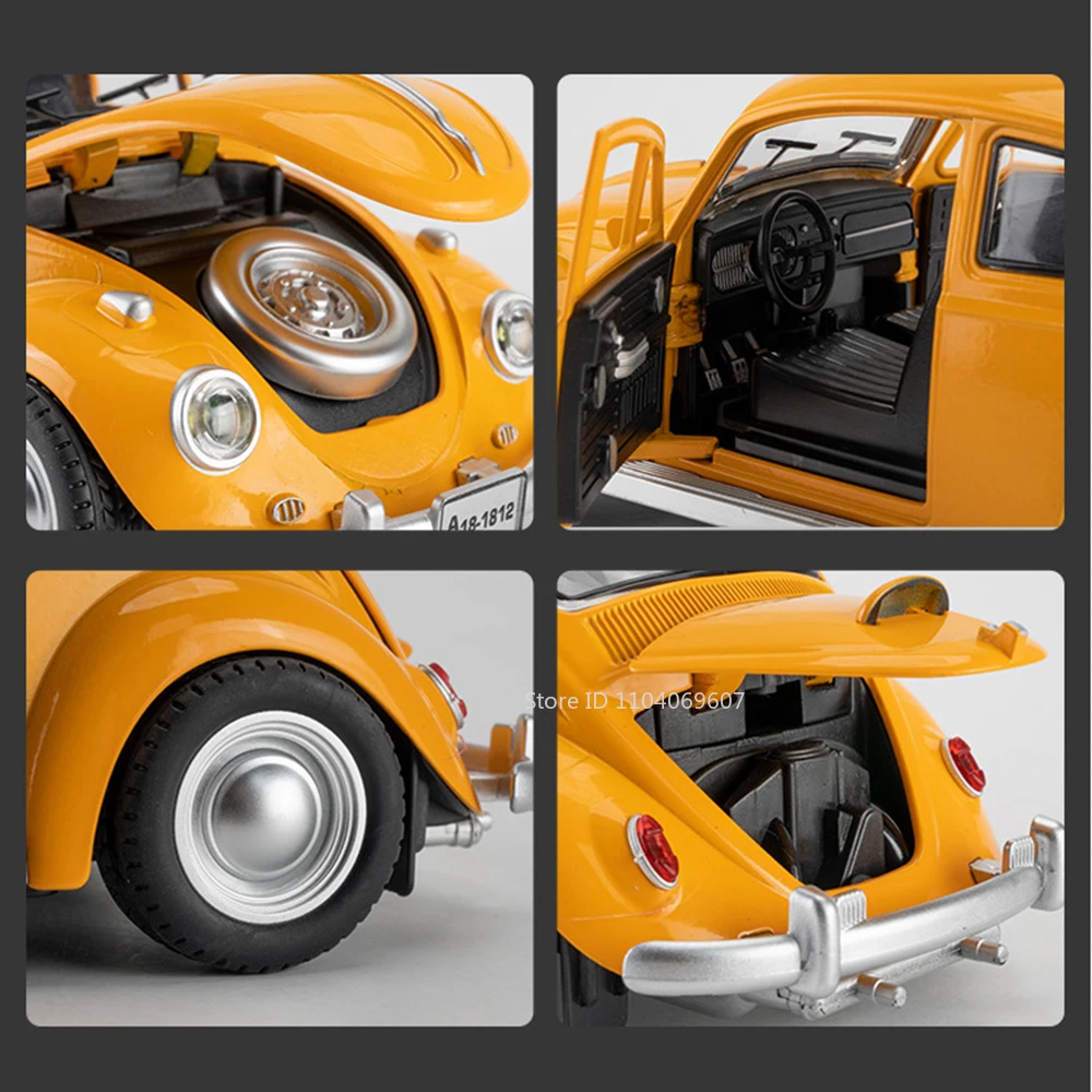 1:18 Scale Beetle 1955 Model Toy Cars Alloy Diecasting Doors Opened Sound Light Pull Back Miniature Vehicles for Children Gifts